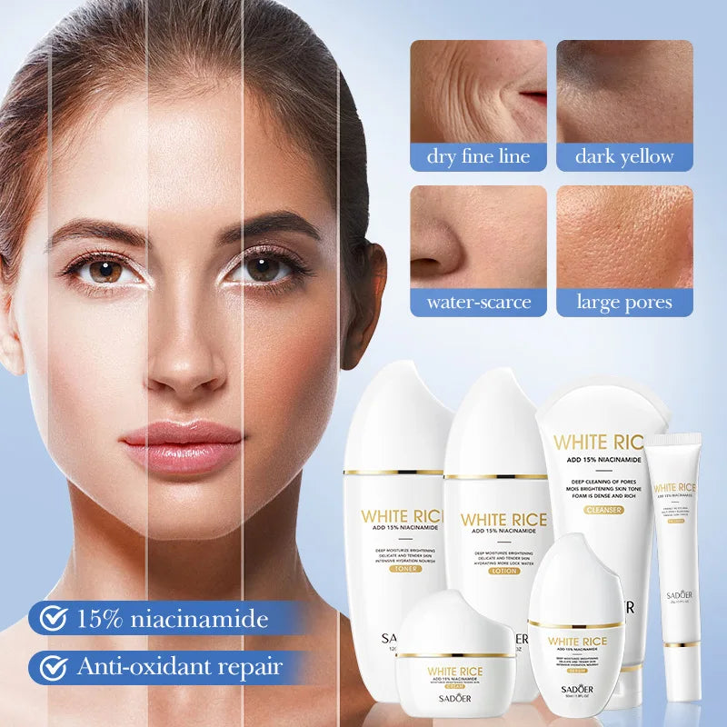 Conjunto de Cuidados Essenciais com a pele Use Nuvé, soro facial clareador, creme removedor de rugas, encolhe os poros, desbota, melanina opaca, hidrata e ilumina, (6 peças)